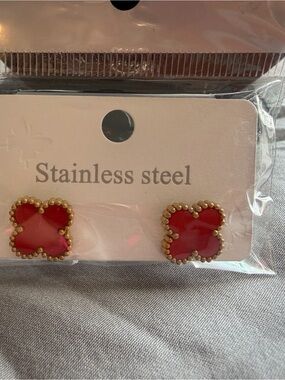 Gold-Trim Red Clover Stainless Steel Stud Earrings